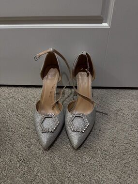 Silver Pointed Toe Ankle Strap Heels with Crystal Detail